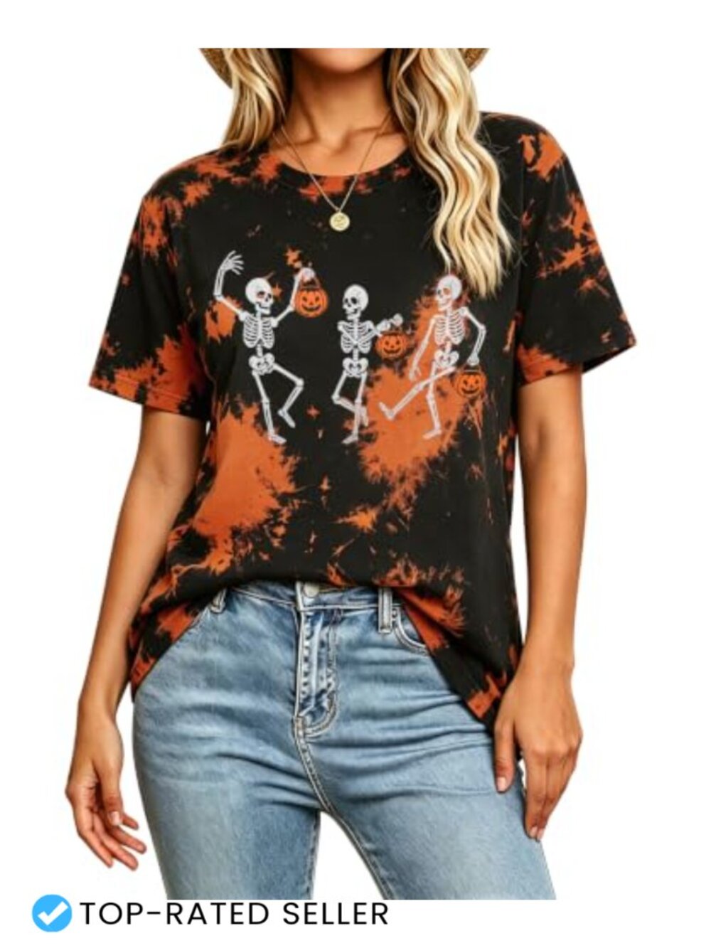 Halloween Dancing Skeleton Pumpkin Ghost Funny Graphic Crew Neck Tee